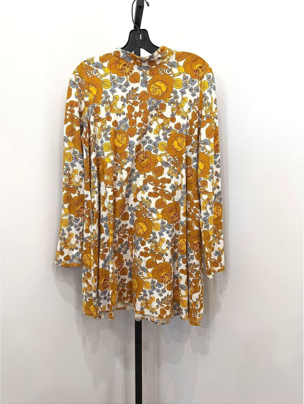Long Sleeve Floral Print Dress with Mustard Yellow and Gray Accents
